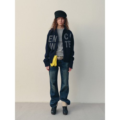 antenna effect复古巴恩风羊毛混纺针织字母毛衣连帽慵懒粗针开衫