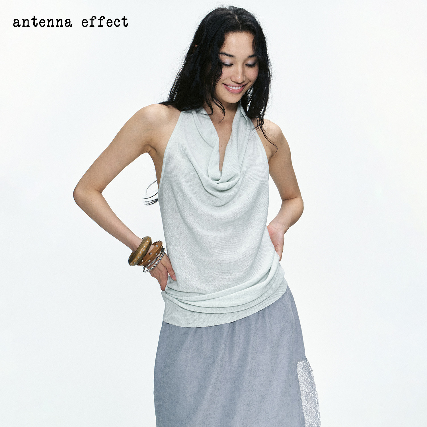 antenna effect 复古慵懒度假风棉麻挂脖荡领设计扭绳漏背吊带