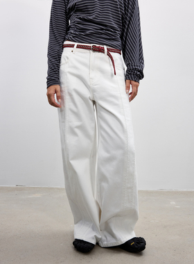 antenna effect 复古白色毛边拼接设计直筒自然腰宽松牛仔裤女款