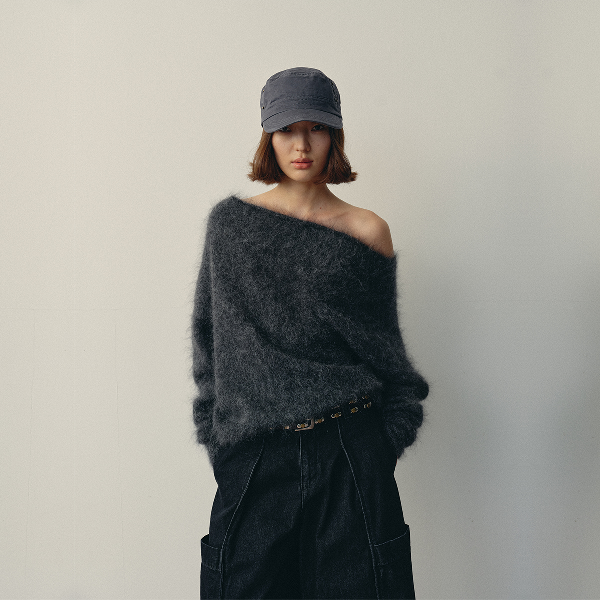 antenna effect斜肩长袖马海毛毛衣慵懒多种穿法一字领上衣