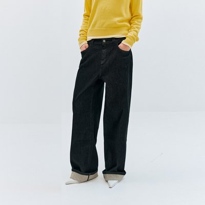 antenna effect复古经典百搭宽松直筒条纹翻边牛仔长裤