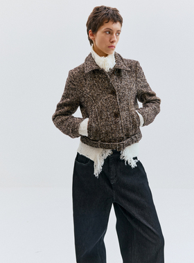 复古休闲翻领花呢夹克短款腰带修身腰带保暖外套