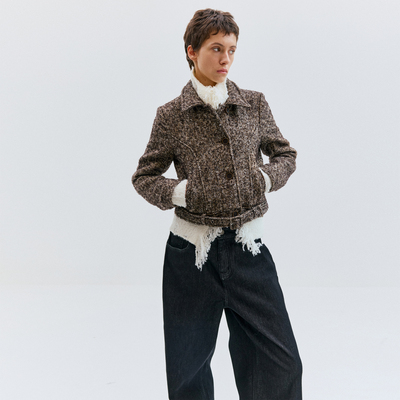 复古休闲翻领花呢夹克短款腰带修身腰带保暖外套