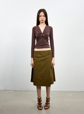 antenna effect 复古一片式设计水洗做旧工装不规则压褶半身裙