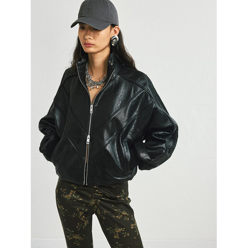 antenna effect秋上新绵羊皮复古廓形皮衣雾面蜡感机车夹克外套