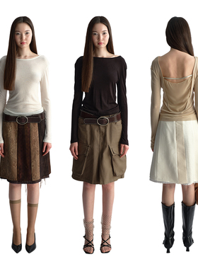 antenna effect复古露背大拼接网纱设计上衣后背荡领微透长袖T恤