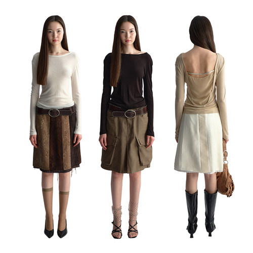 antenna effect复古露背大拼接网纱设计上衣后背荡领微透长袖T恤