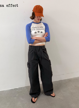 antenna effect 复古设计感字母印花拼色插肩袖圆领七分袖内搭T恤