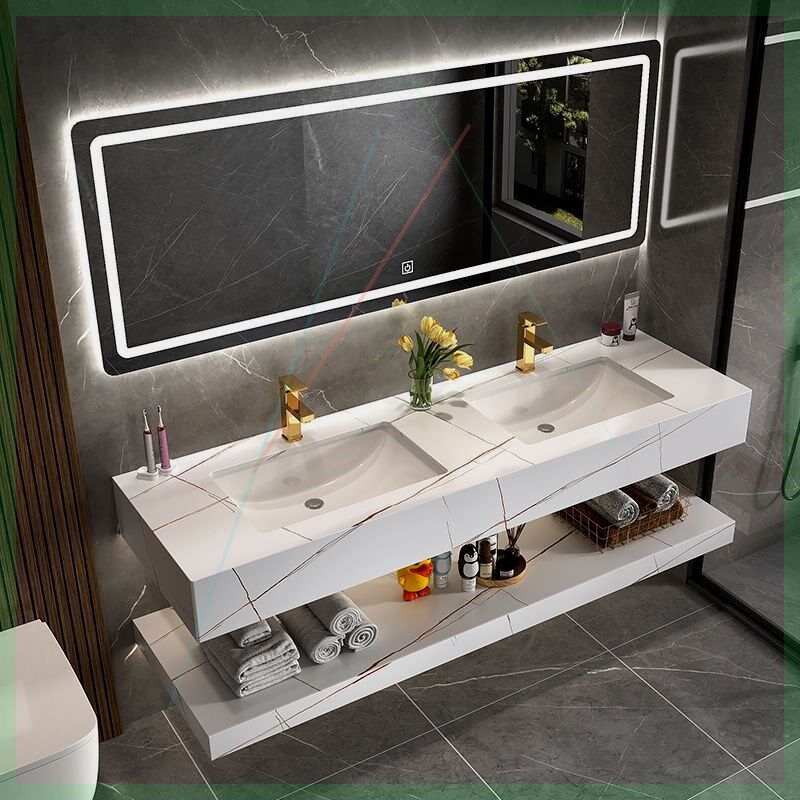 热销轻奢岩板一体浴室柜组合双盆洗手台卫生间大尺寸双台盆智能洗
