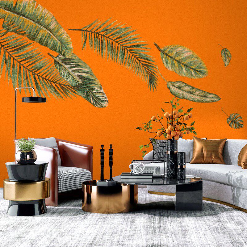 热销独秀刺绣墙布独绣新中式背景壁画树叶壁布客厅电视墙热带雨林