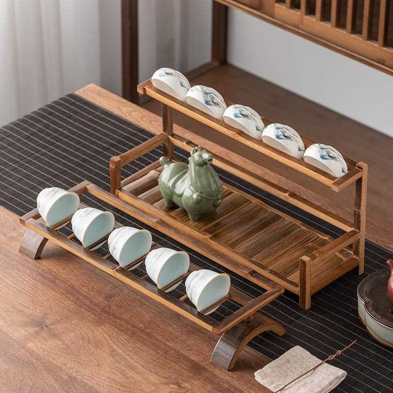 直销新款竹制杯架复古功夫茶具收纳架茶杯架子双层博古架晾杯架茶