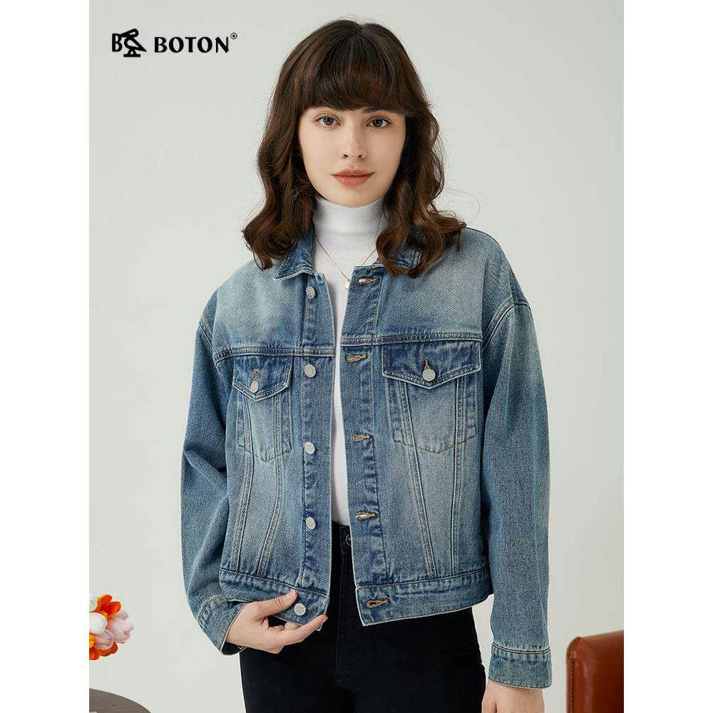 波顿2024秋冬新款女士浅色牛仔短款外套美式复古大码高端夹克上衣