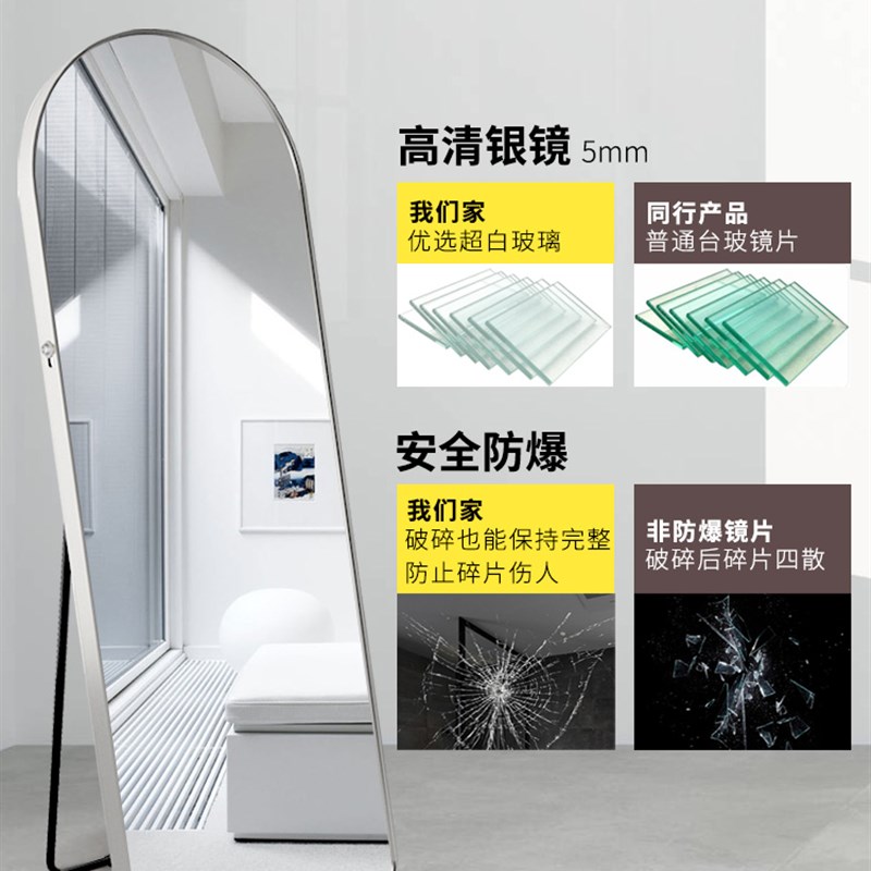 穿衣镜全身落地镜家用立体壁挂女生卧室挂墙试衣镜简约拱形大镜子
