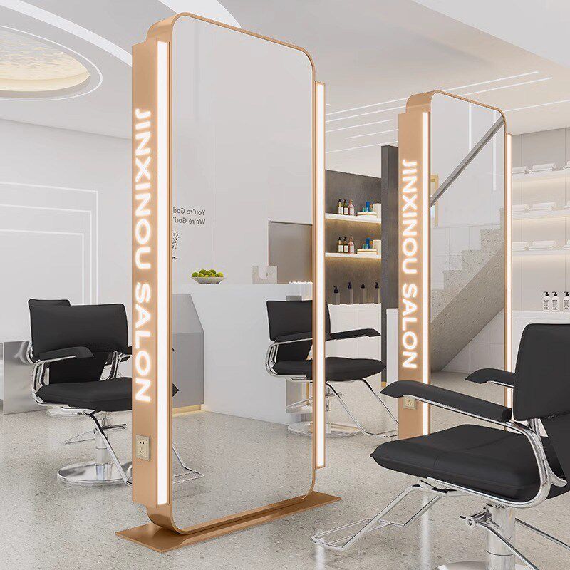热销网红理发店镜子发廊专用剪发镜子不锈钢带灯落地全身镜美发店