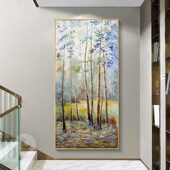 热销现代手绘油画定制白桦林风景画入户走廊过道玄关装 饰画挂画竖