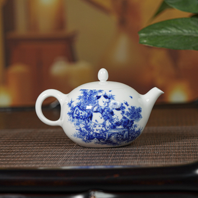 九段烧|九段妙手婴戏比武青花壶景德镇高白泥纯手工jd299