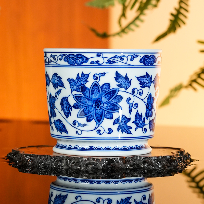 【墨舍柴窑】青花缠枝花卉杯王重工景德镇纯手工主人杯moshe410