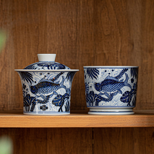 墨舍柴窑鱼藻平底马蹄盖碗杯王套组纯手工手绘茶具主人杯陶瓷茶杯