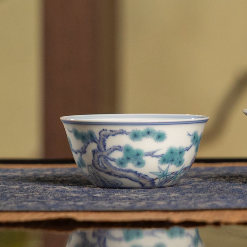 【墨舍名窑】望月怀古斗彩松竹梅小鸡缸杯wyhg1080