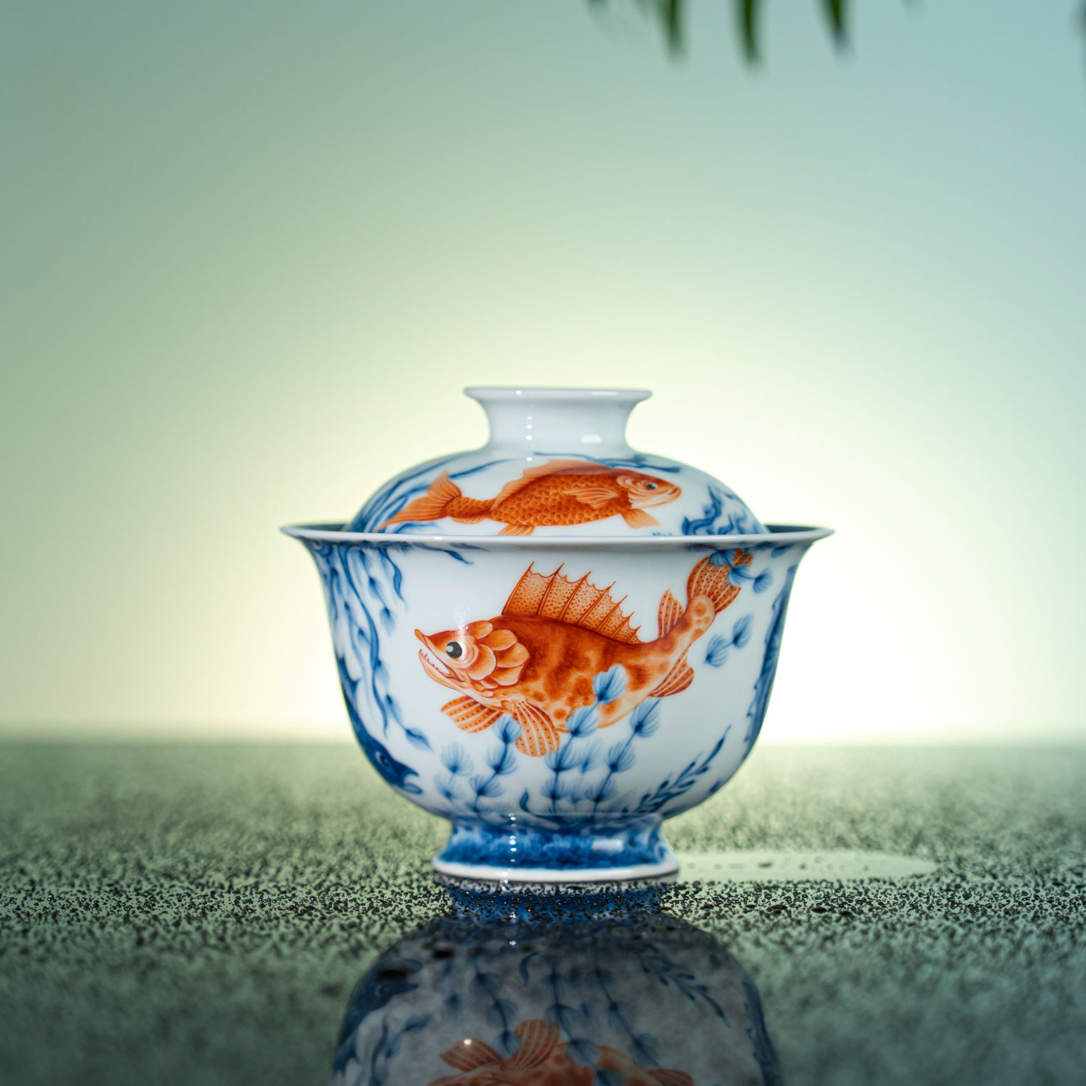 【墨舍名窑】望月怀古满绘鱼藻矾红盖碗 wyhg297纯手工陶瓷主人杯