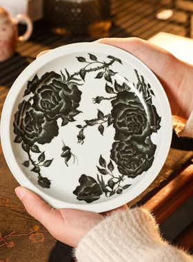 【墨舍名窑】一拓天成黑金玫瑰壶承 yttc61茶道纯手工茶具陶瓷