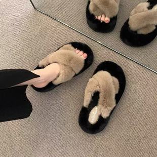 时尚 秋冬季 厚底毛绒交叉保暖棉拖 女外穿2025新款 网红ins毛毛拖鞋