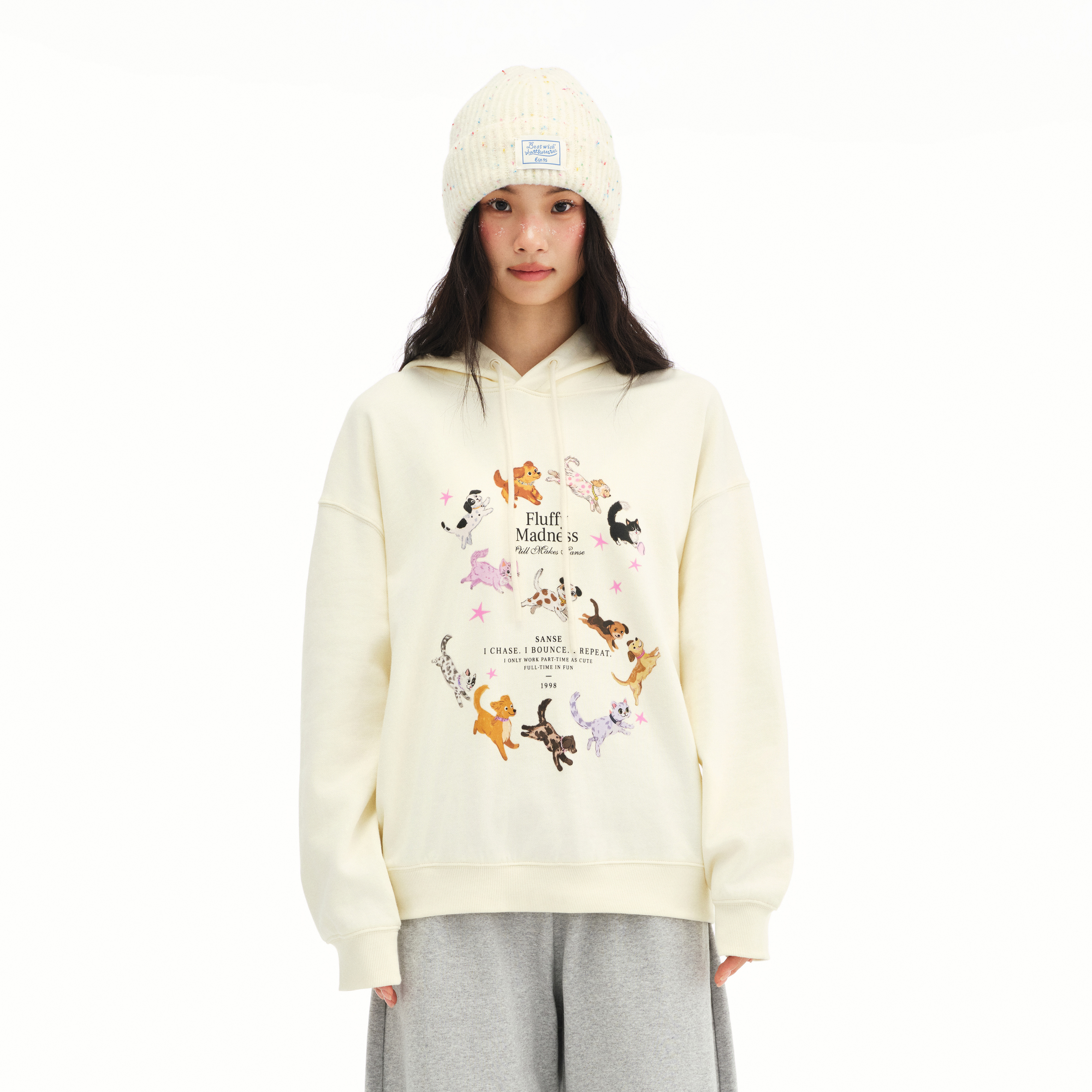 sanse萌宠系列猫咪字母印花上衣宽松休闲连帽卫衣秋冬针织套头衫