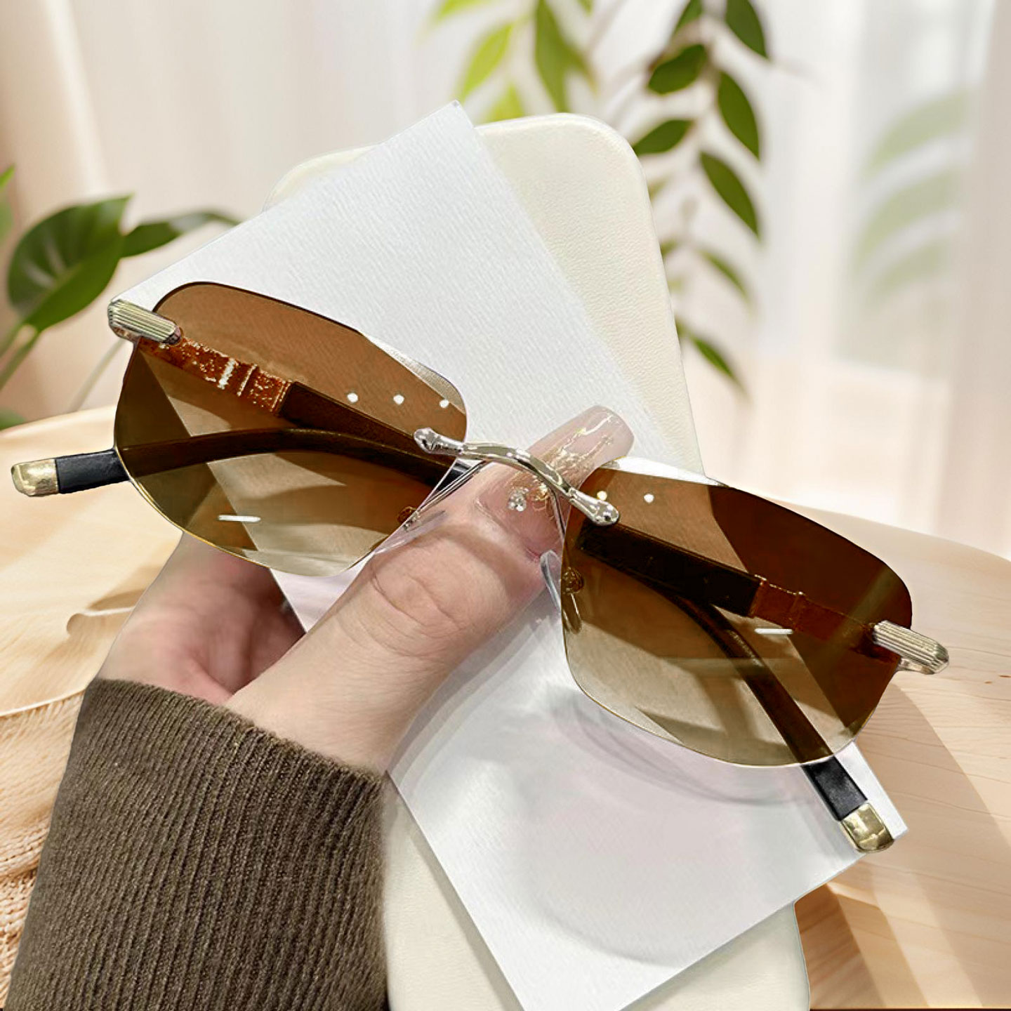 茶色老花镜无框一体遮阳墨镜