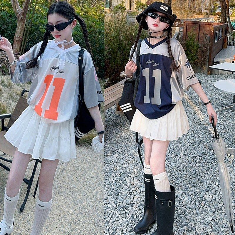 美式高街运动T恤女童街舞服儿童啦啦队演出服个性字母球服V领走秀,童装/婴儿装/亲子装,儿童演出服,淘宝优惠券,粉丝福利购,淘宝优惠卷