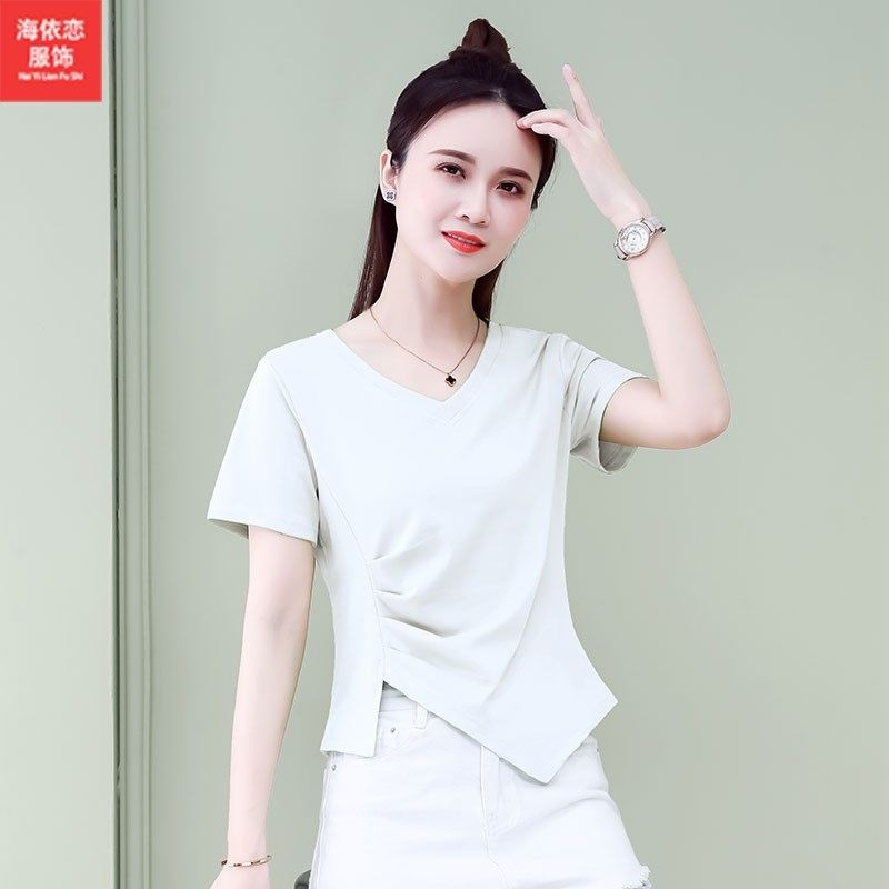 大码v领正肩短袖t恤女夏季胖mm收腰显瘦遮肚子不规则短款别致上衣图片