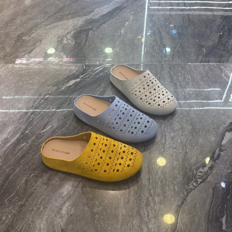 2025春夏新款真皮磨砂牛皮打孔镂空圆头平底包头拖鞋软底半托女鞋,女鞋,包头拖,淘宝优惠券,粉丝福利购,淘宝优惠卷