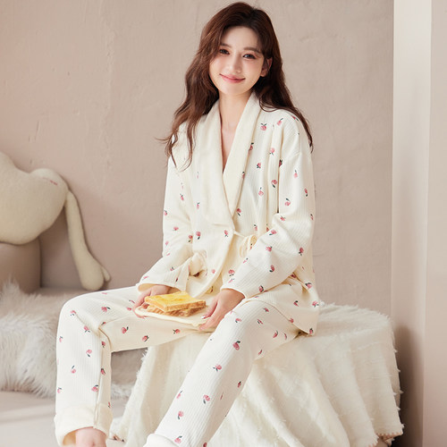 100%纯棉空气棉秋冬夹层月子服10月份产後哺乳11月孕妇睡衣家居服