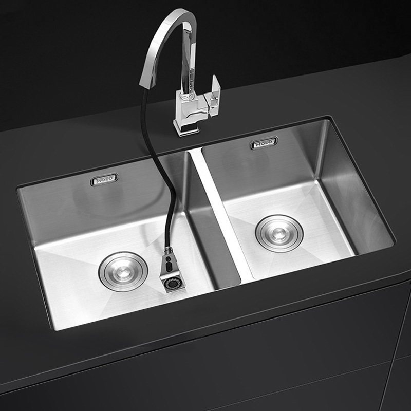 德国汉摩厨房洗菜盆304不锈钢水槽双槽套餐 拉丝洗碗池手工台下盆