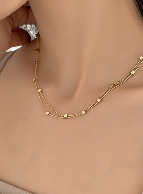 小方块双层项链轻奢小众毛衣链设计感锁骨链简约气质百搭配饰品潮