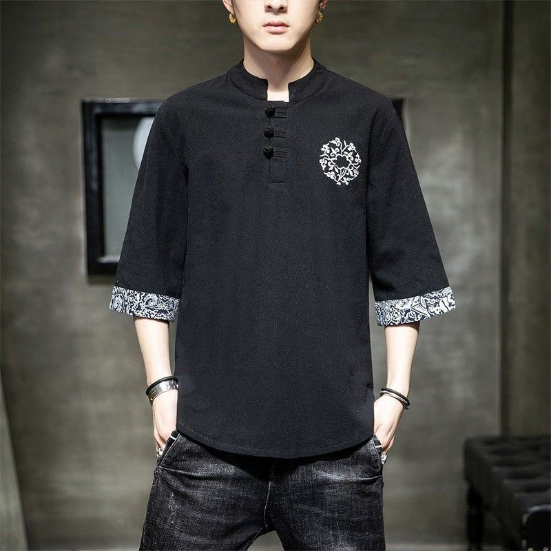 25B9C1夏季中式棉麻t恤上衣中国风盘扣男装唐装短袖刺绣汉服体恤,男装,唐装,淘宝优惠券,粉丝福利购,淘宝优惠卷
