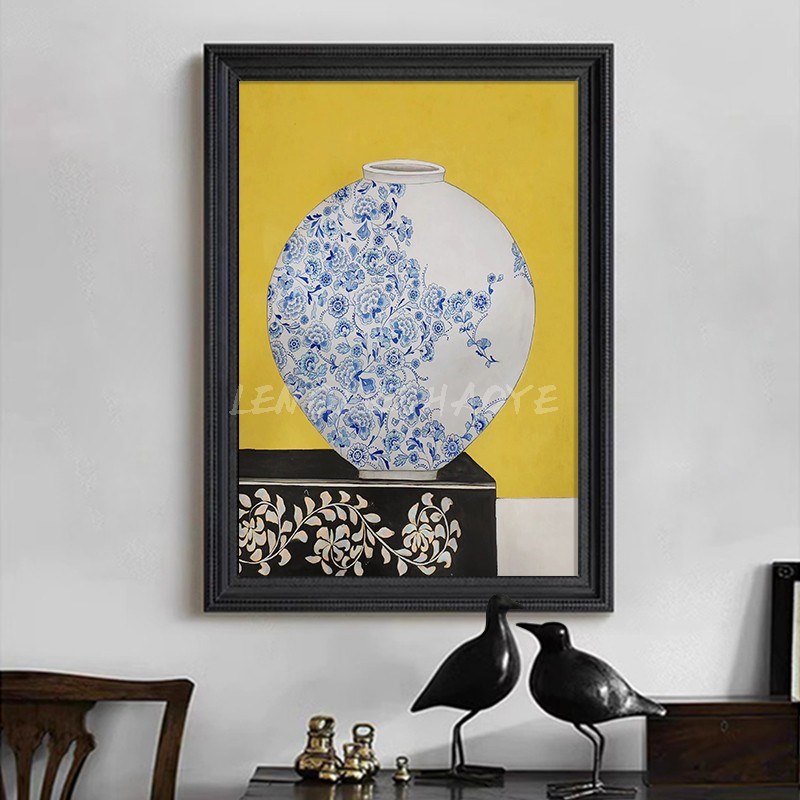 法式复古风纯手绘油画抽象青花瓷黄色客厅餐厅P装饰画静物玄关挂图片