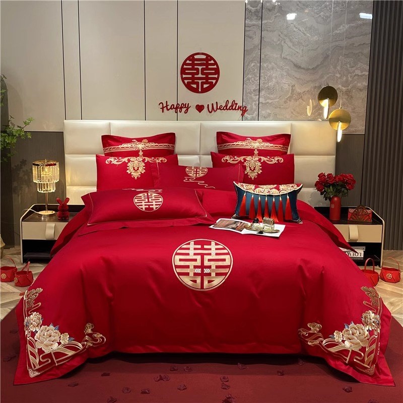 新中式婚庆四件套大红色全棉结婚六件套婚嫁喜被纯棉Y婚房床上用