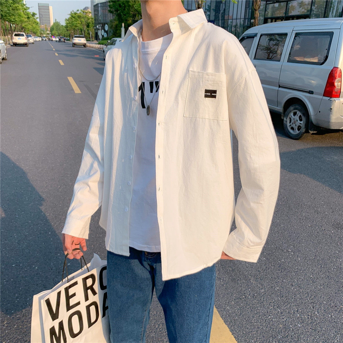 白衬衫男长袖韩版潮流宽松bf风寸衫帅气学生百搭日系港风衬衣外套