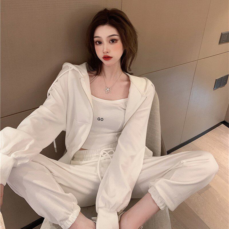 2024初春港风新款休闲运动套装女长裤拉链卫衣外套女吊带三件套潮图片