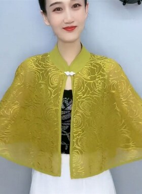 春夏季开衫旗袍外搭冰丝网纱透气轻薄提花玫瑰立领提花外套披肩