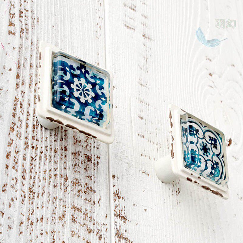 复古抽屉家具拉手 柜门新中式白蓝色青花图案方拉手 简欧衣柜把手