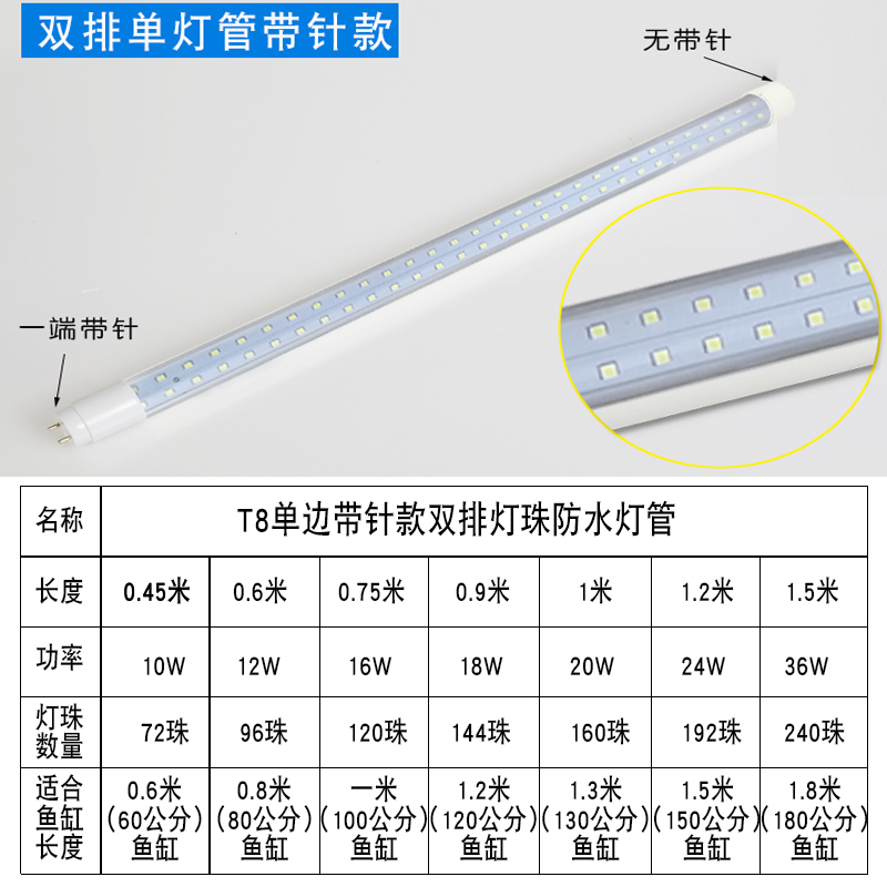 LED单头带针超亮T8防水灯管双排灯珠水族箱鱼缸水草红龙照明灯管