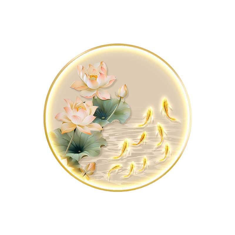 荷花九鱼图玄关装饰画新中式走廊过道挂画带灯入户正对门壁画圆形图片