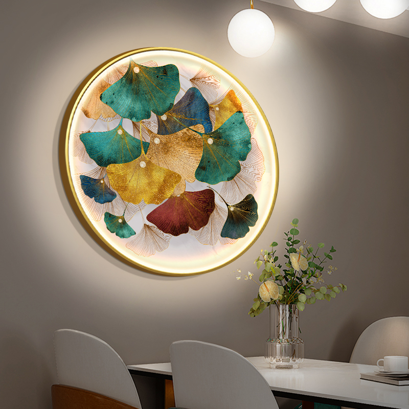 银杏叶客厅餐厅圆形装饰画LED发光灯画轻奢玄关饭厅墙壁晶瓷挂画图片