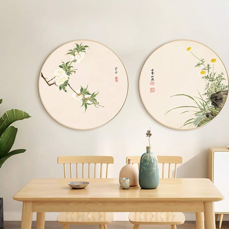 新中式圆形实木框装饰画兰花石榴水墨壁画项圣谟花卉十开国画挂画图片