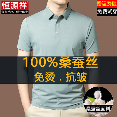 恒源祥100%桑蚕丝短袖polo衫男士夏季新款高弹凉感免烫抗皱t恤薄