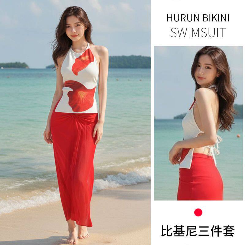 琳芯若梦分体泳衣比基尼红色长裙女款度假泡温泉沙滩海边辣妹纯欲