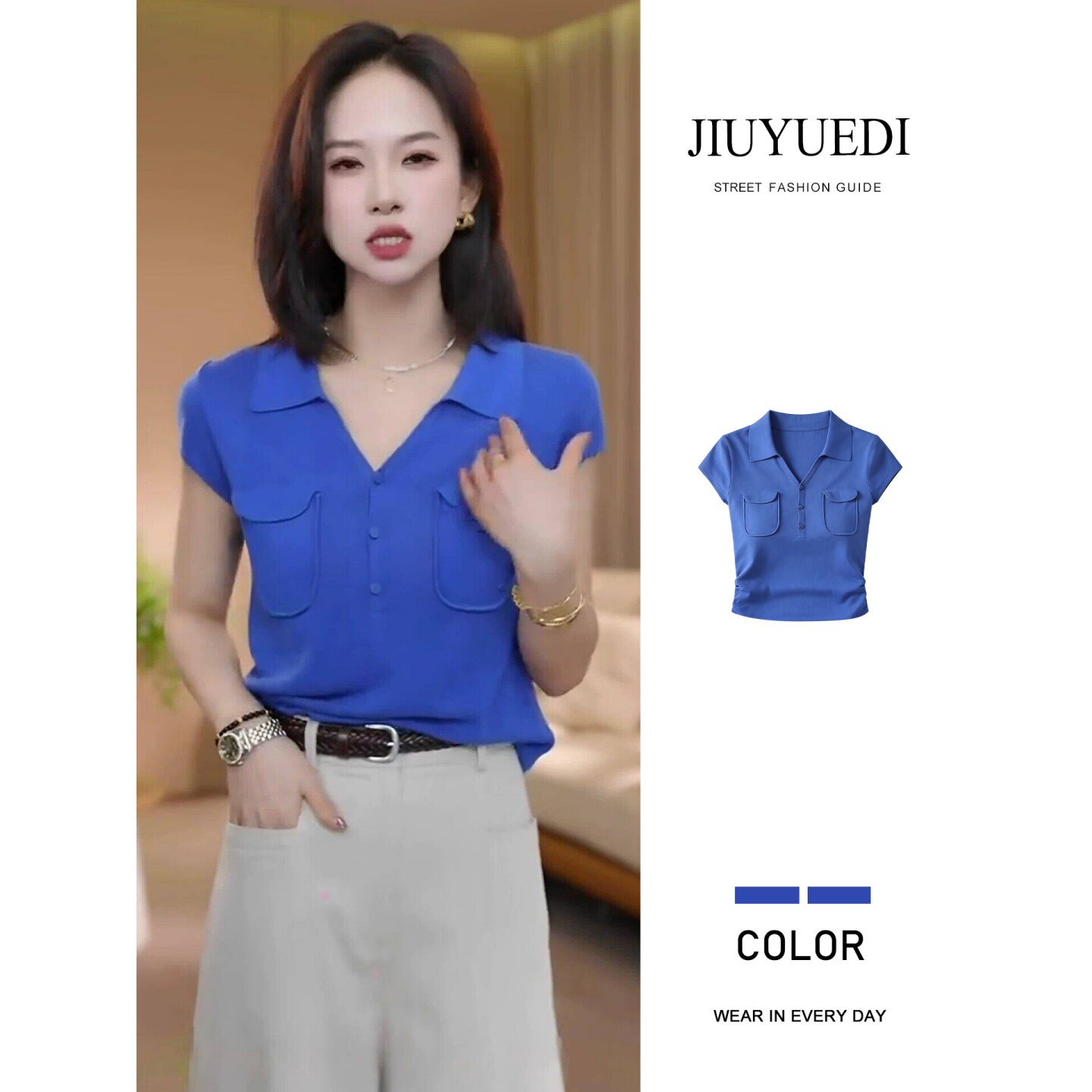 JIUYUEDI九月底夏季蓝色V领短袖针织衫女双口袋翻领显瘦百搭上衣