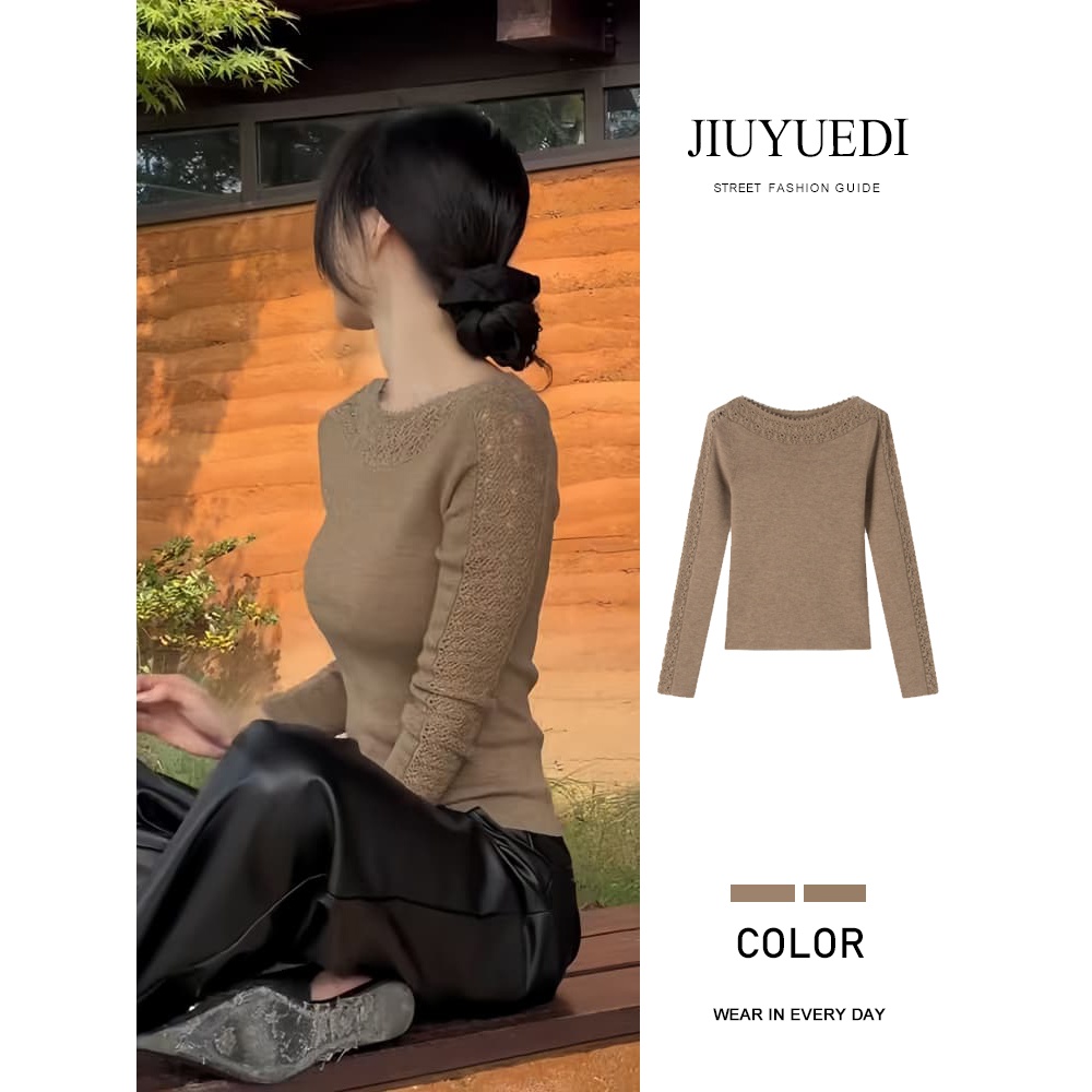 JIUYUEDI九月底蕾丝拼接长袖针织衫女高级感修身显瘦打底衫上衣