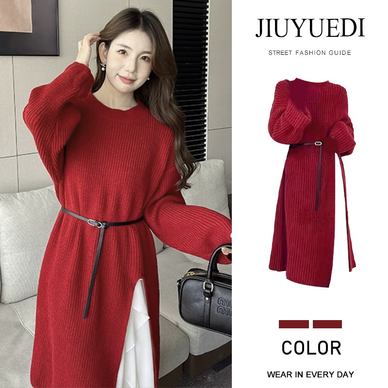 JIUYUEDI九月底韩系宽松针织毛衣女秋冬新款高腰开叉连衣裙长裙